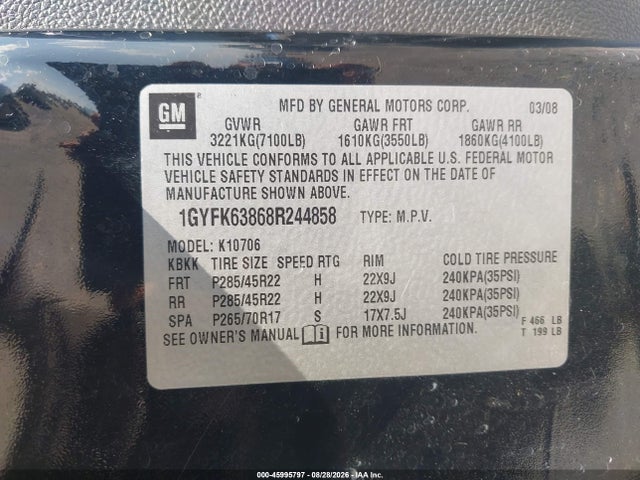 Aukcja sprzedaży 2008 Cadillac Escalade, vin: 1GYFK63868R244858, numer aukcji: 45995797