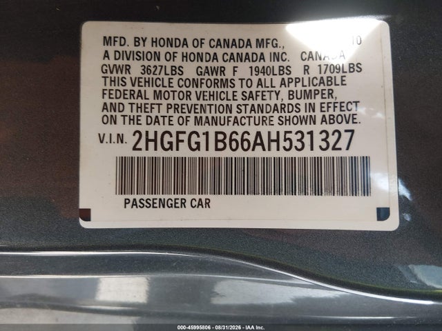 45995806 :رقم المزاد ، 2HGFG1B66AH531327 vin ، 2010 Honda Civic Lx مزاد بيع