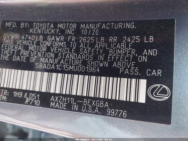 Продаж на аукціоні авто 2021 Lexus Es 300h, vin: 58ADA1C15MU001964, номер лоту: 45995810