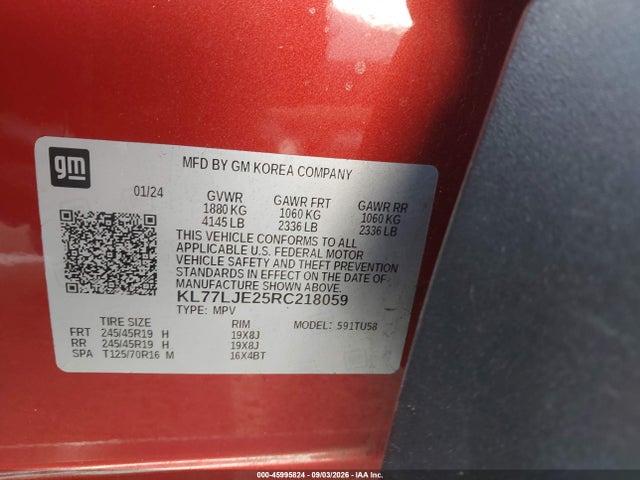 Aukcja sprzedaży 2024 Chevrolet Trax Fwd 2rs, vin: KL77LJE25RC218059, numer aukcji: 45995824