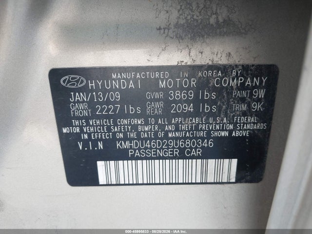 45995833 :رقم المزاد ، KMHDU46D29U680346 vin ، 2009 Hyundai Elantra Gls مزاد بيع