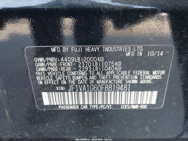 Продаж на аукціоні авто 2015 Subaru Wrx Limited, vin: JF1VA1G60F8819481, номер лоту: 45995838