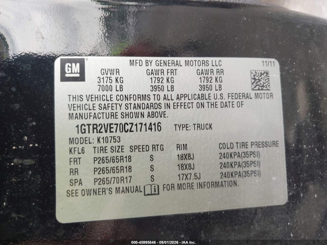 Продаж на аукціоні авто 2012 Gmc Sierra 1500 Sle, vin: 1GTR2VE70CZ171416, номер лоту: 45995846