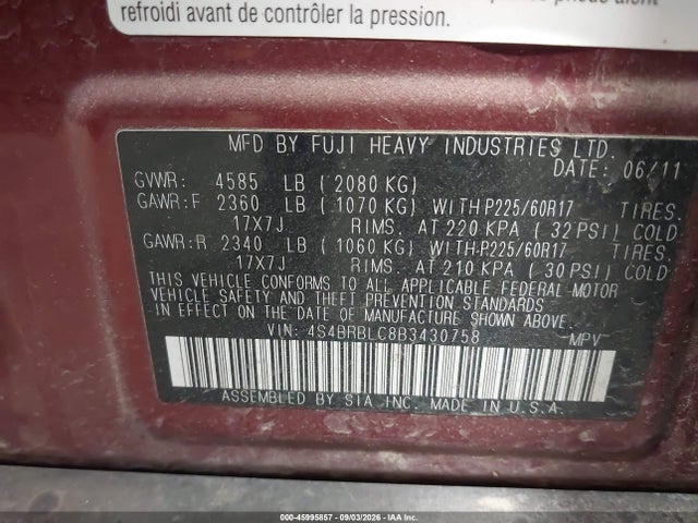 45995857 :رقم المزاد ، 4S4BRBLC8B3430758 vin ، 2011 Subaru Outback 2.5i Limited مزاد بيع