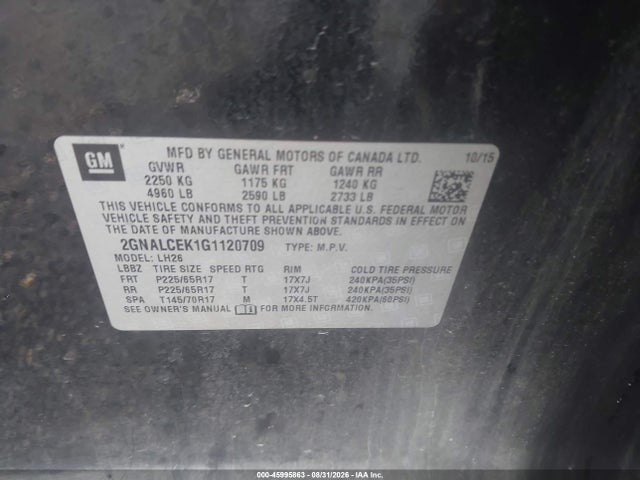 Продажа на аукционе авто 2016 Chevrolet Equinox Lt, vin: 2GNALCEK1G1120709, номер лота: 45995863