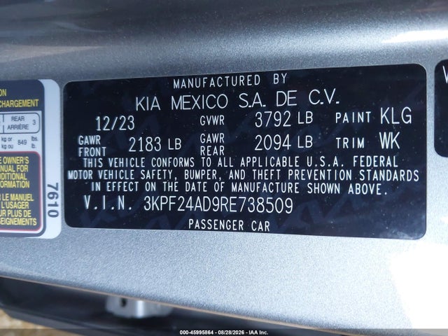 45995864 :رقم المزاد ، 3KPF24AD9RE738509 vin ، 2024 Kia Forte Lxs مزاد بيع