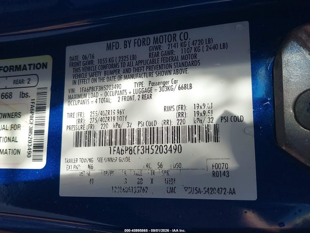 Продажа на аукционе авто 2017 Ford Mustang Gt Premium, vin: 1FA6P8CF3H5203490, номер лота: 45995865
