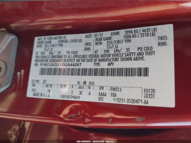 45995881 :رقم المزاد ، 1FMCU0GX1GUA44267 vin ، 2016 Ford Escape Se مزاد بيع