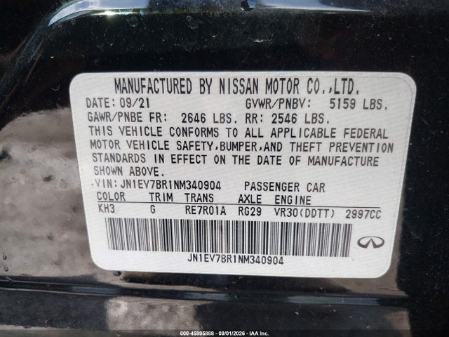 Продаж на аукціоні авто 2022 Infiniti Q50 Luxe Awd, vin: JN1EV7BR1NM340904, номер лоту: 45995888