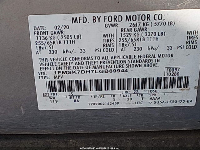 Продажа на аукционе авто 2020 Ford Explorer Xlt, vin: 1FMSK7DH7LGB89944, номер лота: 45995893