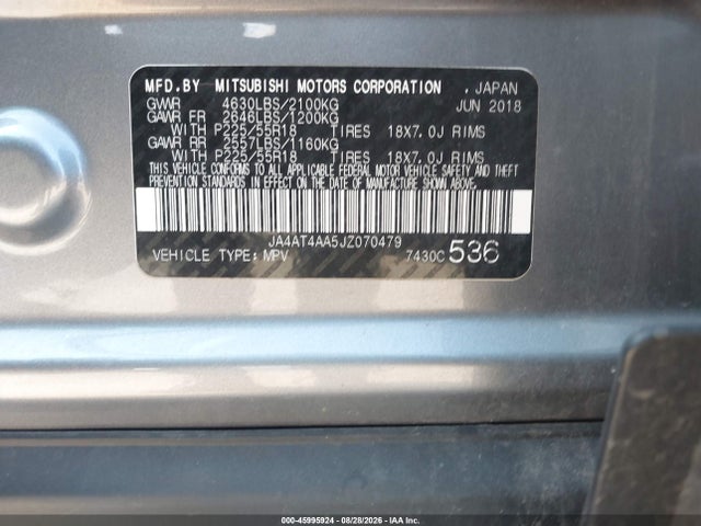 2018 Mitsubishi Eclipse Cross Le მანქანა იყიდება აუქციონზე, vin: JA4AT4AA5JZ070479, აუქციონის ნომერი: 45995924