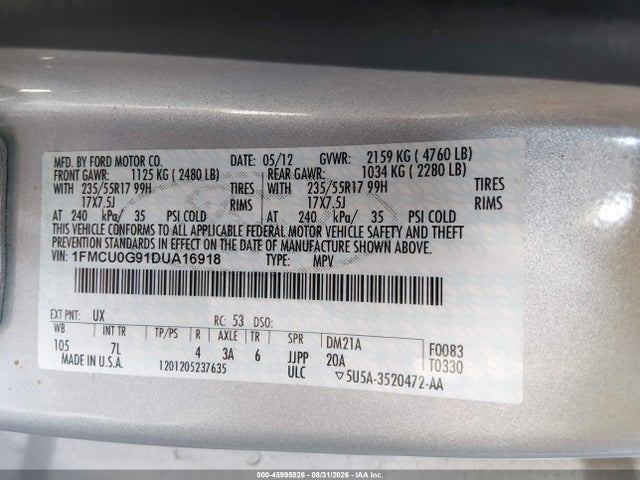 Aukcja sprzedaży 2013 Ford Escape Se, vin: 1FMCU0G91DUA16918, numer aukcji: 45995926