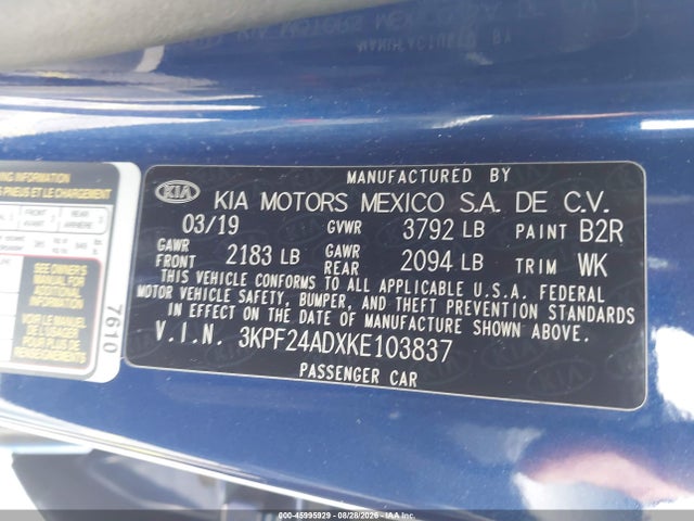 Aukcja sprzedaży 2019 Kia Forte Lxs, vin: 3KPF24ADXKE103837, numer aukcji: 45995929