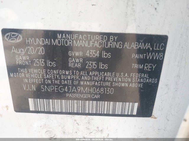 45995938 :رقم المزاد ، 5NPEG4JA9MH068130 vin ، 2021 Hyundai Sonata Se مزاد بيع