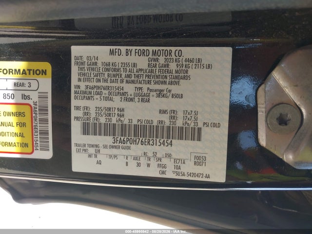 45995942 :رقم المزاد ، 3FA6P0H76ER315454 vin ، 2014 Ford Fusion Se مزاد بيع
