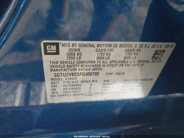 Продаж на аукціоні авто 2015 Gmc Sierra 1500 Slt, vin: 3GTU2VEC5FG456785, номер лоту: 45995949