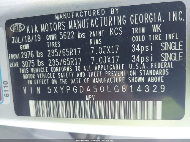 Продажа на аукционе авто 2020 Kia Sorento 3.3l Lx, vin: 5XYPGDA50LG614329, номер лота: 45995952