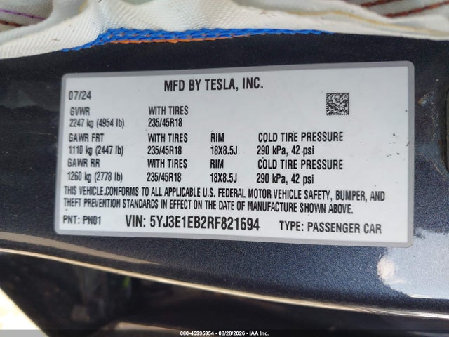 Tesla Model 3 Long Range Dual Motor All-wheel Drive 2024 5YJ3E1EB2RF821694 Image 9