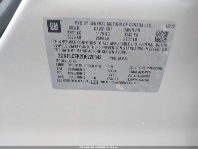 2013 Chevrolet Equinox Ls მანქანა იყიდება აუქციონზე, vin: 2GNFLCEK2D6228342, აუქციონის ნომერი: 45995959