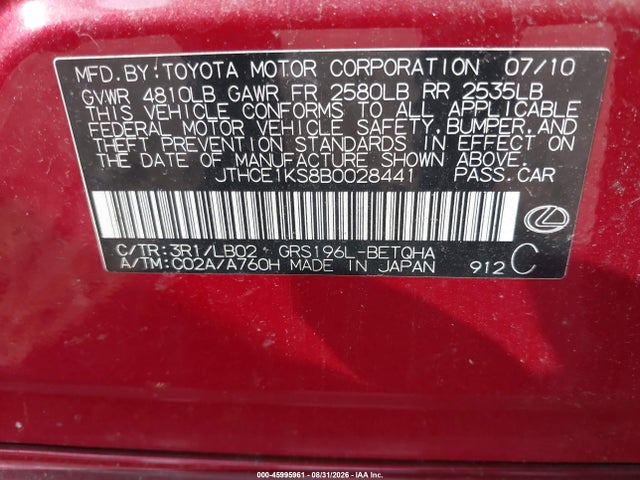 Aukcja sprzedaży 2011 Lexus Gs 350, vin: JTHCE1KS8B0028441, numer aukcji: 45995961