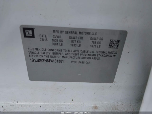 2015 Chevrolet Sonic Lt Manual მანქანა იყიდება აუქციონზე, vin: 1G1JD6SH5F4181301, აუქციონის ნომერი: 45996004