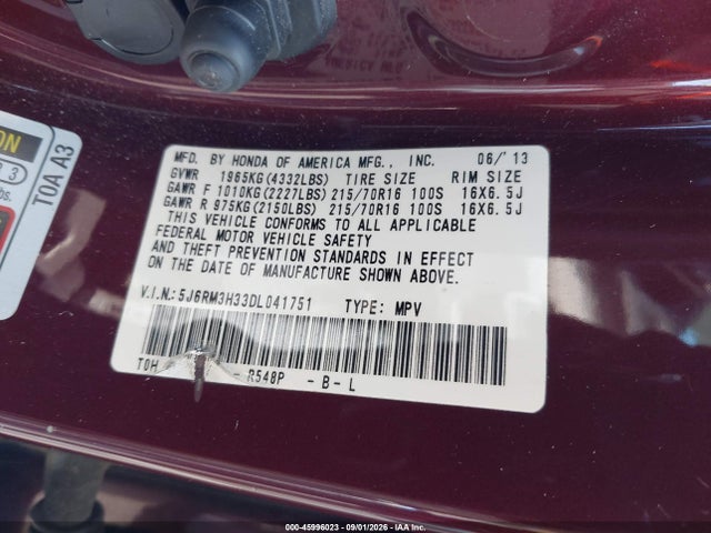 Aukcja sprzedaży 2013 Honda Cr-v Lx, vin: 5J6RM3H33DL041751, numer aukcji: 45996023