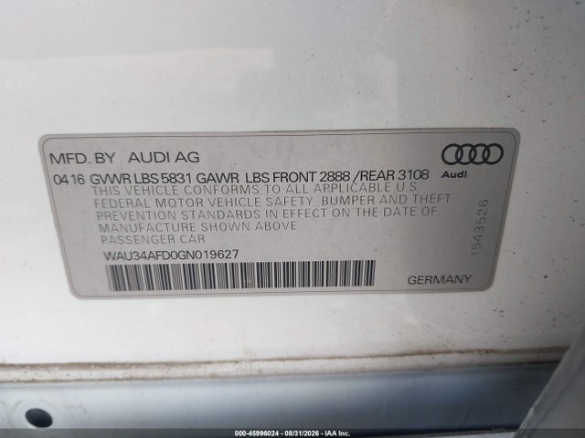 Aukcja sprzedaży 2016 Audi A8 L 3.0t, vin: WAU34AFD0GN019627, numer aukcji: 45996024