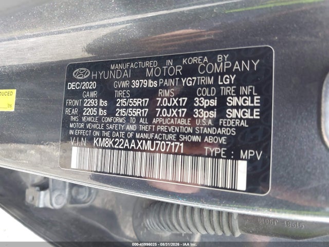 Aukcja sprzedaży 2021 Hyundai Kona Sel, vin: KM8K22AAXMU707171, numer aukcji: 45996025