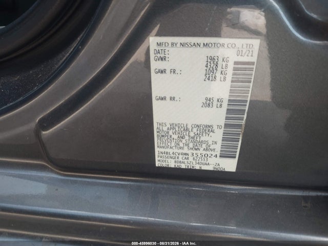 Aukcja sprzedaży 2021 Nissan Altima Sr Fwd, vin: 1N4BL4CV4MN355024, numer aukcji: 45996030