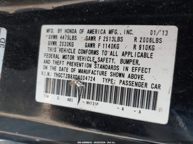 45996043 :رقم المزاد ، 1HGCT2B8XDA004724 vin ، 2013 Honda Accord Ex-l V-6 مزاد بيع