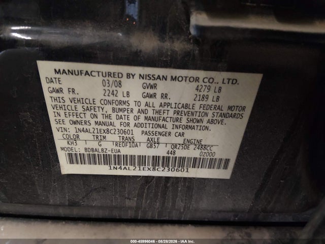 2008 Nissan Altima 2.5 S მანქანა იყიდება აუქციონზე, vin: 1N4AL21EX8C230601, აუქციონის ნომერი: 45996046