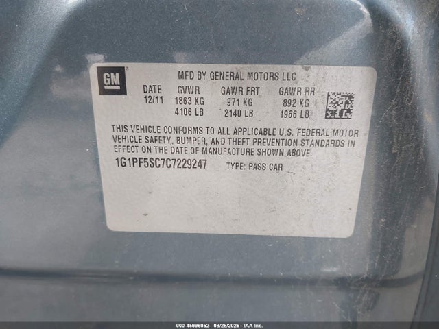 Продаж на аукціоні авто 2012 Chevrolet Cruze 1lt, vin: 1G1PF5SC7C7229247, номер лоту: 45996052