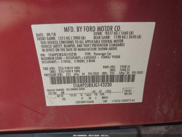 2018 Ford Taurus Limited მანქანა იყიდება აუქციონზე, vin: 1FAHP2J8XJG143230, აუქციონის ნომერი: 45996058