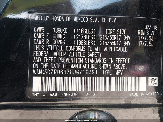 45996060 :رقم المزاد ، 3CZRU6H38JG716391 vin ، 2018 Honda Hr-v Lx مزاد بيع