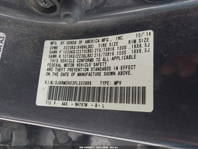 Honda CR-V LX 2015 5J6RM3H33FL000989 Image 9