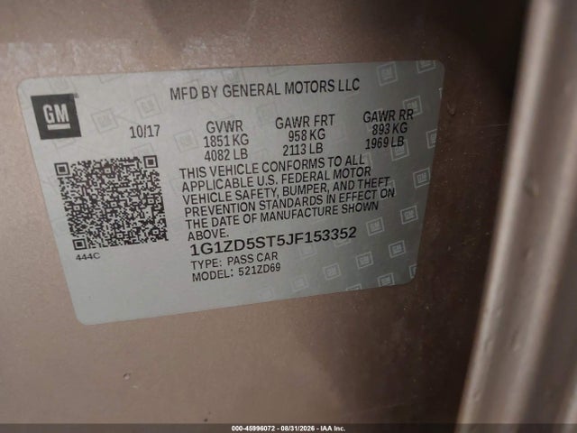 Aukcja sprzedaży 2018 Chevrolet Malibu Lt, vin: 1G1ZD5ST5JF153352, numer aukcji: 45996072