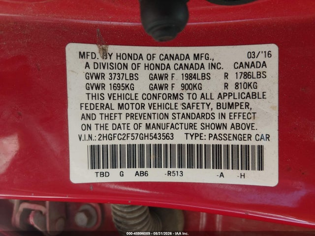 Aukcja sprzedaży 2016 Honda Civic Lx, vin: 2HGFC2F57GH543563, numer aukcji: 45996089