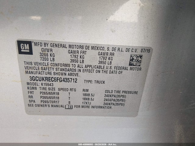 Aukcja sprzedaży 2015 Chevrolet Silverado 1500 Lt, vin: 3GCUKREC6FG435712, numer aukcji: 45996093