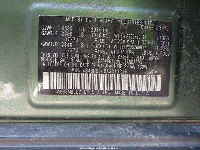 45996094 :رقم المزاد ، 4S4BRBLC9A3371315 vin ، 2010 Subaru Outback 2.5i Limited مزاد بيع