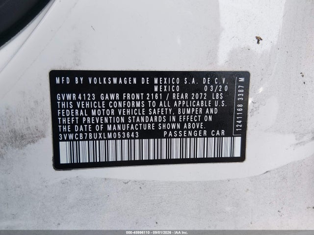 Aukcja sprzedaży 2020 Volkswagen Jetta 1.4t R-line/1.4t S/1.4t Se, vin: 3VWCB7BUXLM053643, numer aukcji: 45996110