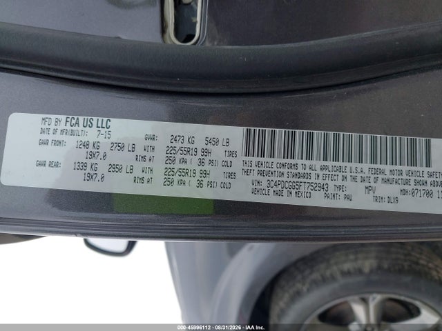 2015 Dodge Journey Crossroad მანქანა იყიდება აუქციონზე, vin: 3C4PDCGG5FT752943, აუქციონის ნომერი: 45996112