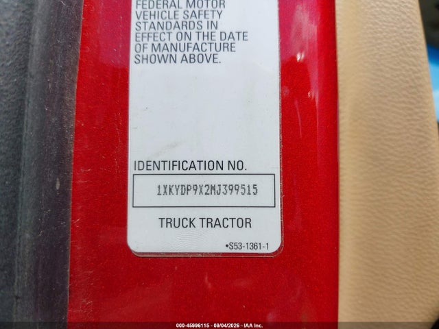 45996115 :رقم المزاد ، 1XKYDP9X2MJ399515 vin ، 2021 Kenworth T680 مزاد بيع