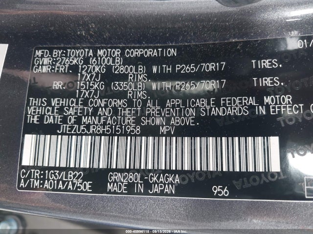 2017 Toyota 4runner Sr5 Premium მანქანა იყიდება აუქციონზე, vin: JTEZU5JR8H5151958, აუქციონის ნომერი: 45996118