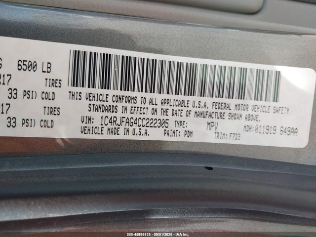 45996138 :رقم المزاد ، 1C4RJFAG4CC222305 vin ، 2012 Jeep Grand Cherokee Laredo مزاد بيع