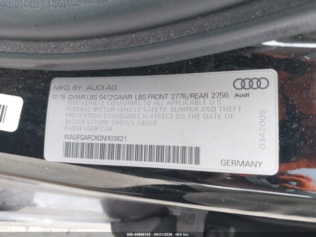 2016 Audi A6 3.0t Premium Plus მანქანა იყიდება აუქციონზე, vin: WAUFGAFCXGN003821, აუქციონის ნომერი: 45996152