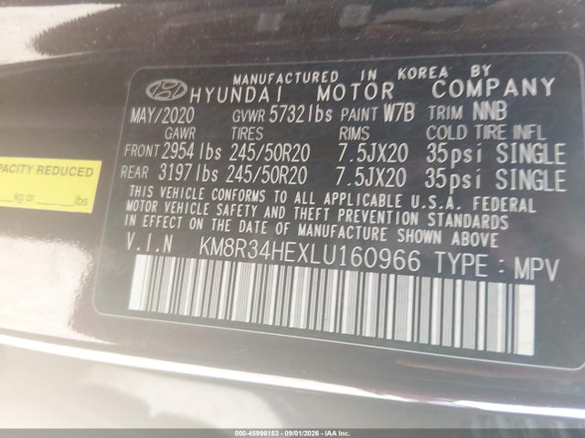 2020 Hyundai Palisade Sel მანქანა იყიდება აუქციონზე, vin: KM8R34HEXLU160966, აუქციონის ნომერი: 45996153