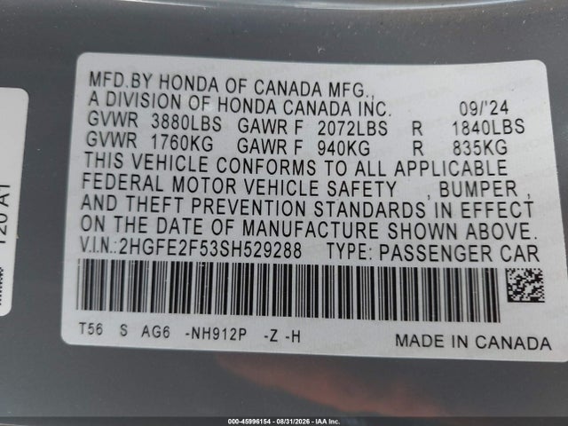 Продаж на аукціоні авто 2025 Honda Civic Sport, vin: 2HGFE2F53SH529288, номер лоту: 45996154