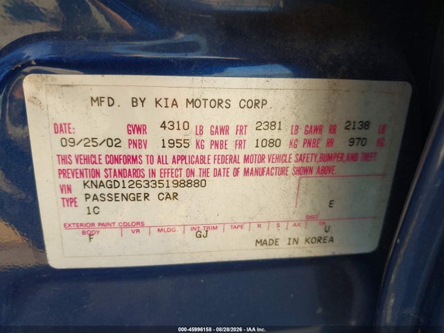 Aukcja sprzedaży 2003 Kia Optima Lx/se, vin: KNAGD126335198880, numer aukcji: 45996158