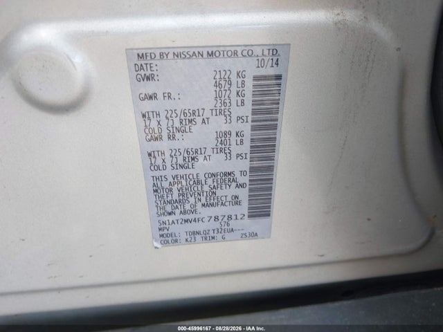 Продажа на аукционе авто 2015 Nissan Rogue Sv, vin: 5N1AT2MV4FC787812, номер лота: 45996167