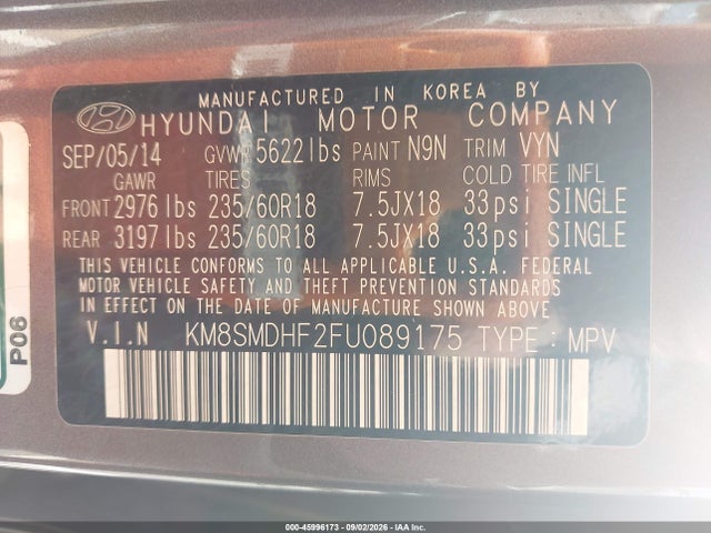 45996173 :رقم المزاد ، KM8SMDHF2FU089175 vin ، 2015 Hyundai Santa Fe Gls مزاد بيع